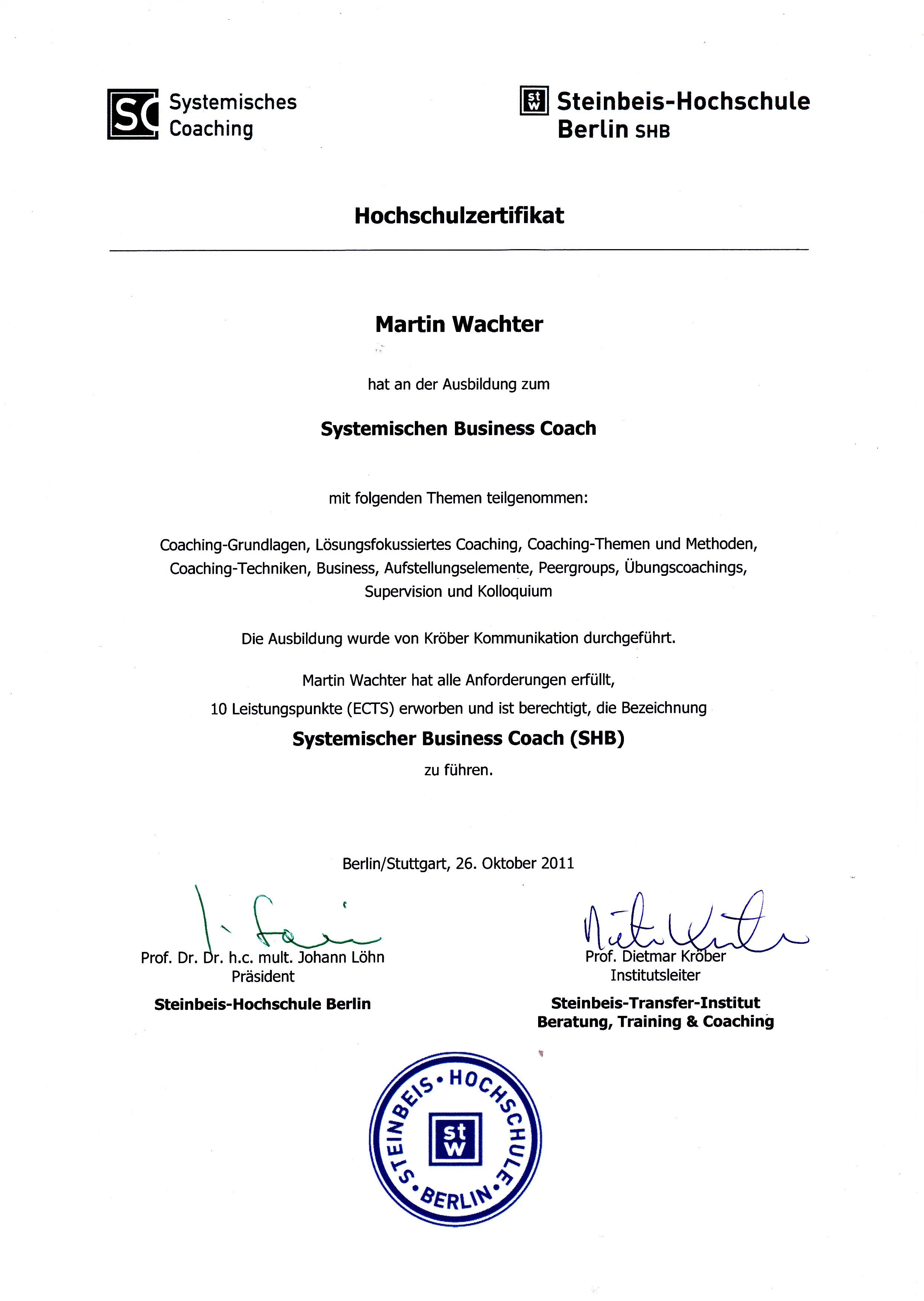 Steinbeis-Zertifikat Business Coach (SHB)